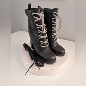 SCHUTZ Boots Kaile High Glam Lace Up Black Leather Mid Calf Boots 8.5